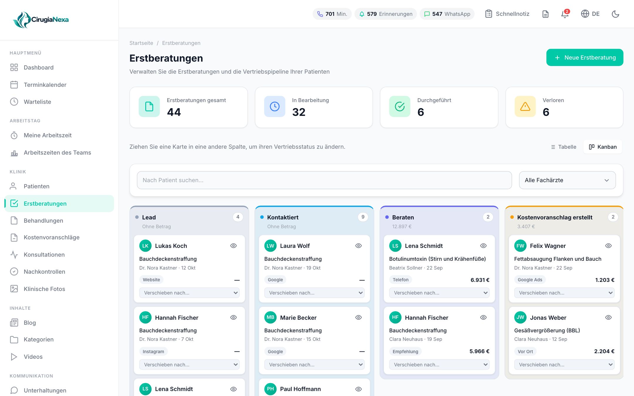Beratungs-Pipeline von CirugiaNexa in der Kanban-Ansicht mit Patienten je Vertriebsphase