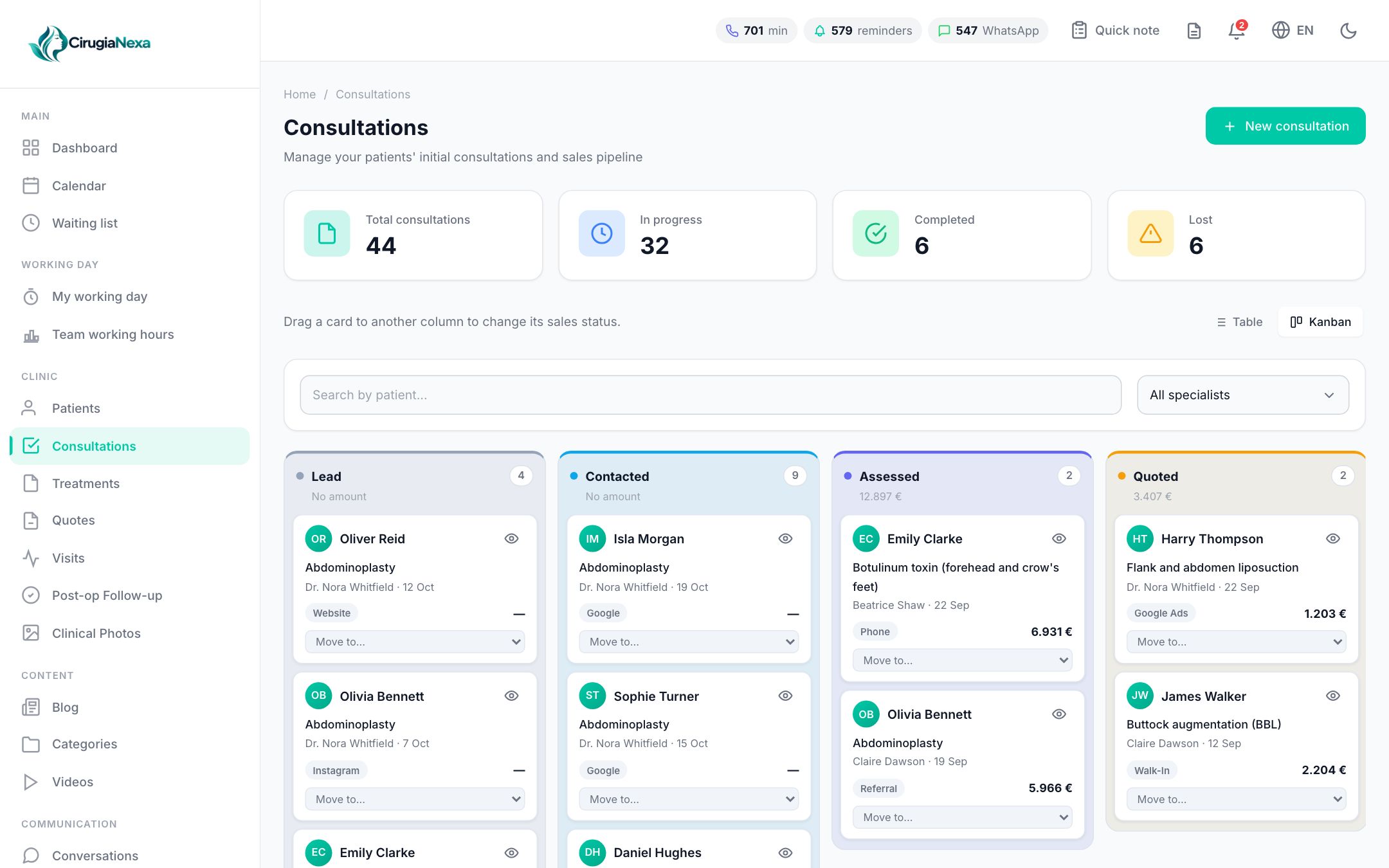 CirugiaNexa consultation pipeline in kanban view, with patients grouped by sales stage