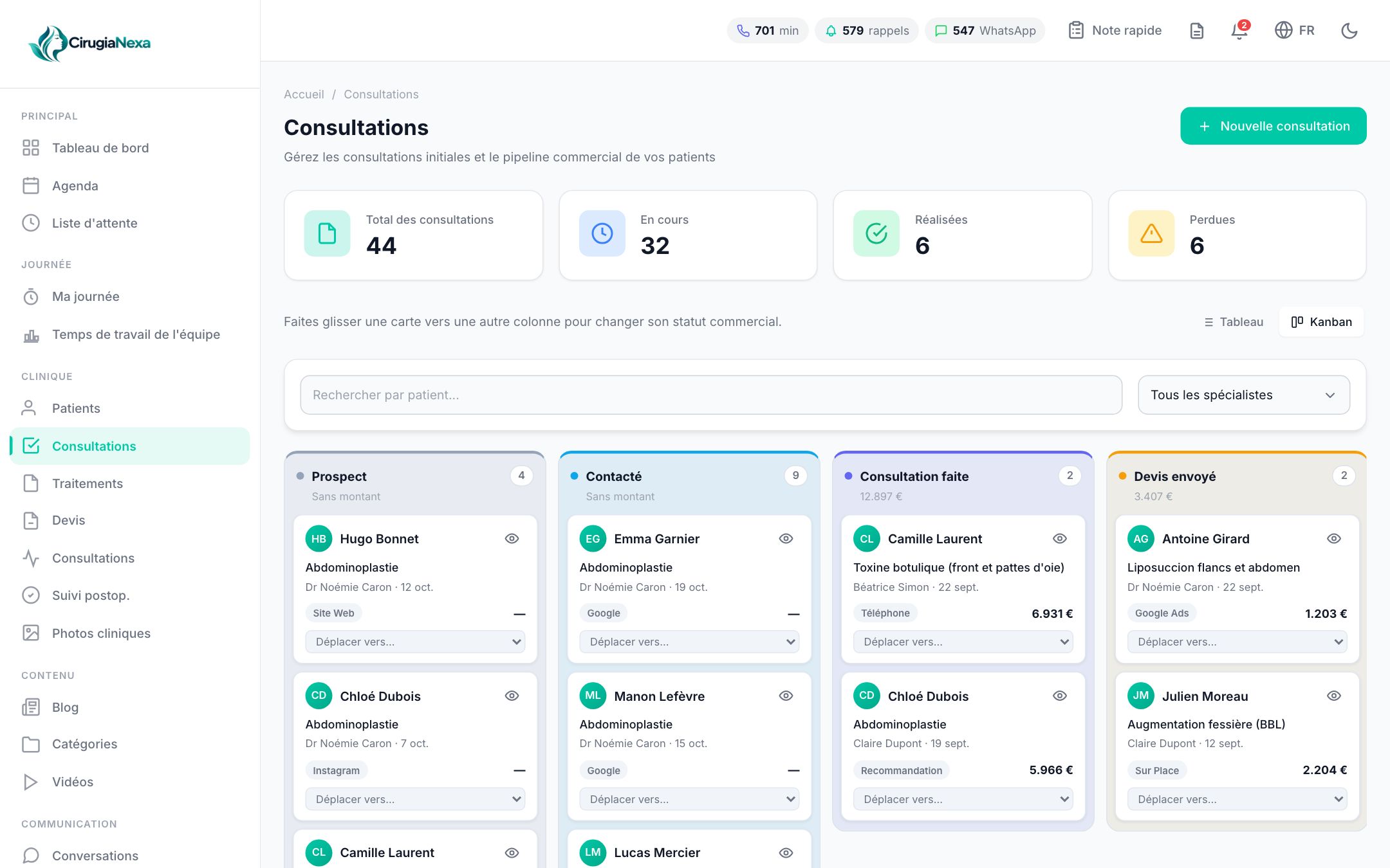 Pipeline de consultations CirugiaNexa en vue kanban, avec les patients classés par étape commerciale