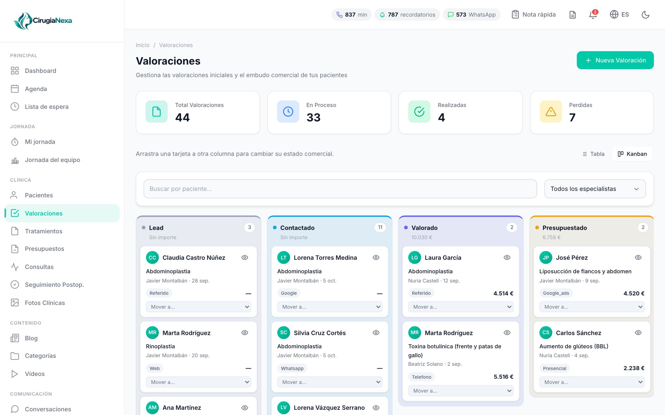 Embudo de valoraciones de CirugiaNexa en vista kanban con pacientes por etapa comercial